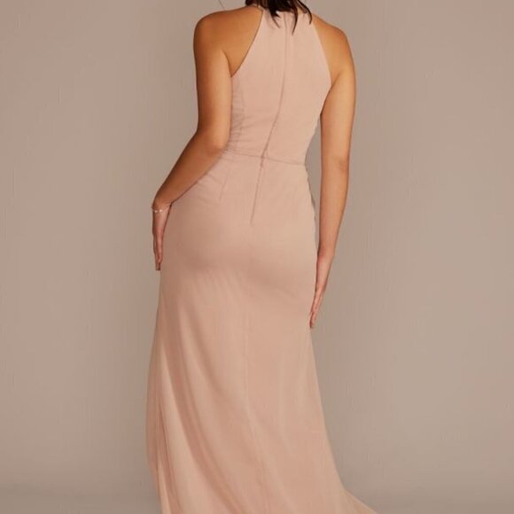 NEW HIGH NECK CHIFFON BRIDESMAID PROM DRESS WITH CASCADE - Picture 5 of 6